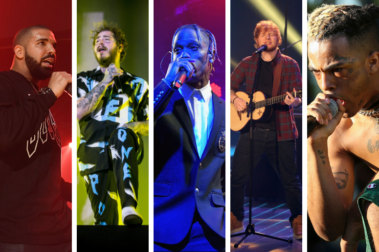 Drake, Post Malone, Travis Scott, Ed Sheeran, XXXTentacion Drake, Post Malone, Travis Scott, Ed Sheeran, XXXTentacion