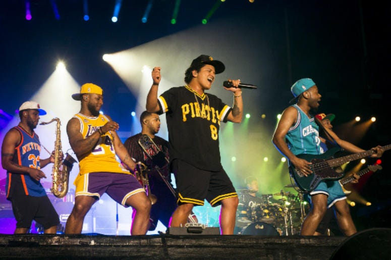 Bruno Mars & The Hooligans Caption: NAPA, CA - MAY 27: Bruno Mars performs during the 2018 BottleRock Napa Valley at Napa Valley Expo on May 27, 2018 in Napa, California.