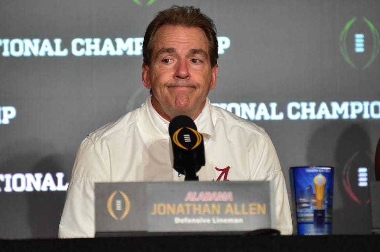 Jan 9, 2017; Tampa, FL, USA; Alabama Crimson Tide head coach Nick Saban reacts during a post-game press conference after their loss to Clemson Tigers in the 2017 College Football Playoff National Championship Game at Raymond James Stadium.