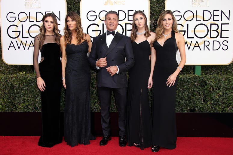 Jan 8, 2017; Beverly Hills, CA, USA; From left, Sistine Stallone, Jennifer Flavin, Sylvester Stallone, Scarlet Stallone and Sophia Stallone arrive for the 74th Golden Globe Awards at Beverly Hilton.