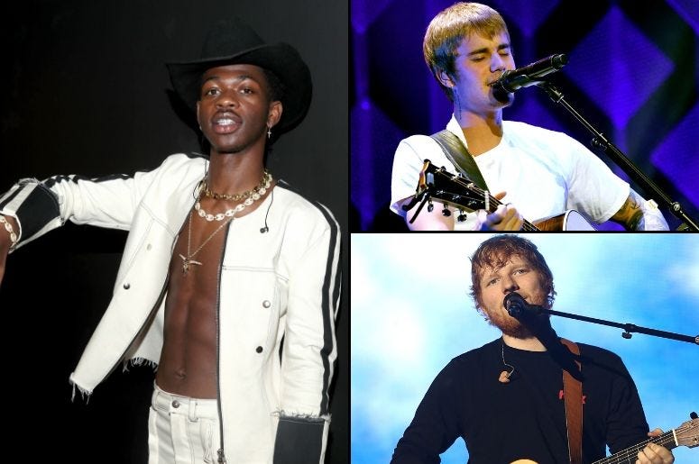 Lil Nas X, Justin Bieber, and Ed Sheeran Lil Nas X, Justin Bieber, and Ed Sheeran