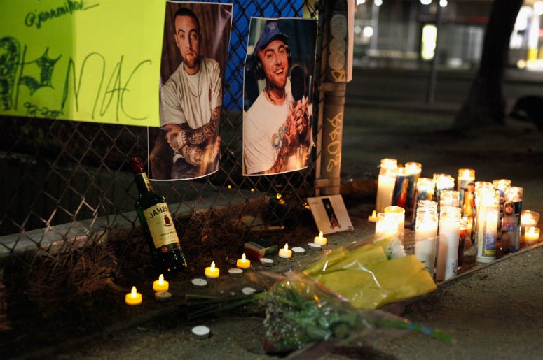 Mac Miller Memorial A makeshift memorial for late rapper Mac Miller appears at the corner of Fairfax and Melrose Avenues on September 8, 2018 in Los Angeles, California. Miller died of a suspected overdose on Friday, September 7.