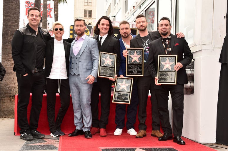 Carson Daly, Ellen Degeneres, Lance Bass, JC Chasez, Joey Fatone, Justin Timberlake and Chris Kirkpatrick at a ceremony honoring 'NSYNC with a star on the Hollywood Walk of Fame on April 30, 2018 in Hollywood, California Carson Daly, Ellen Degeneres, Lance Bass, JC Chasez, Joey Fatone, Justin Timberlake and Chris Kirkpatrick at a ceremony honoring 'NSYNC with a star on the Hollywood Walk of Fame on April 30, 2018 in Hollywood, California
