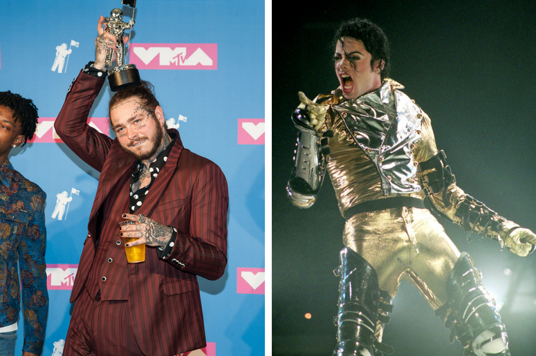 Post Malone poses at the 2018 MTV Video Music Awards at Radio City Music Hall on August 20, 2018 in New York City / Michael Jackson performs during is 'HIStory' world tour concert at Ericsson Stadium November 10, 1996 in Auckland, New Zealand. Post Malone poses at the 2018 MTV Video Music Awards at Radio City Music Hall on August 20, 2018 in New York City / Michael Jackson performs during is 'HIStory' world tour concert at Ericsson Stadium November 10, 1996 in Auckland, New Zealand.