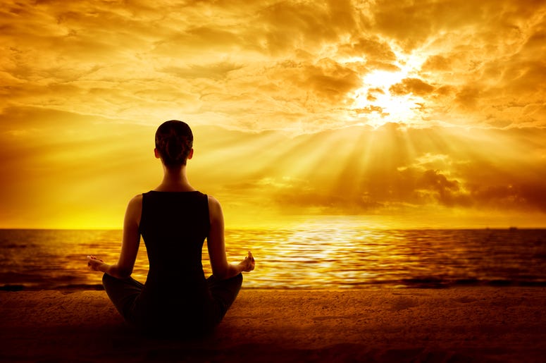 Meditation Yoga Meditating Sunrise, Woman Mindfulness Meditation on Beach