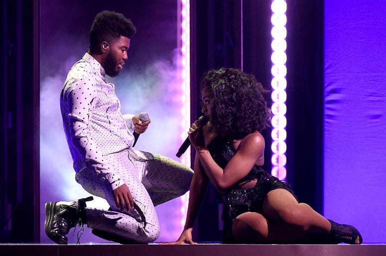 Khalid | Normani LAS VEGAS, NV - MAY 20: Khalid & Normani performs at the 2018 Billboard Music Awards at MGM Grand Garden Arena on May 20, 2018 in Las Vegas, Nevada.