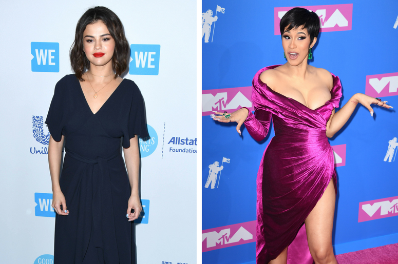 Selena Gomez | Cardi B 19 April 2018 - Los Angeles, California - Selena Gomez. WE Day California To Celebrate Young People Changing The World held at The Forum. / 8/22/2018 - Cardi B arriving at the MTV Video Music Awards 2018, Radio City, New York.