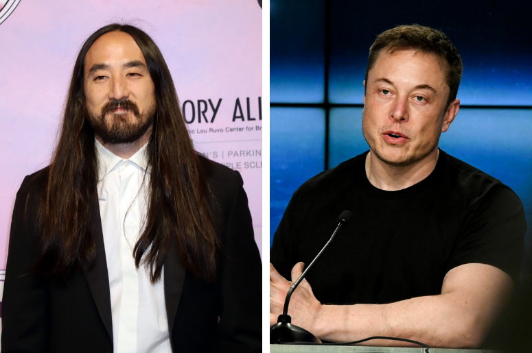 Steve Aoki | Elon Musk Steve Aoki attending the Keep Memory Alive's 22nd Annual "Power of Love" Gala in Las Vegas. / Elon Musk CEO of SpaceX, speaks to the media during a press conference after the Falcon Heavy Launch.