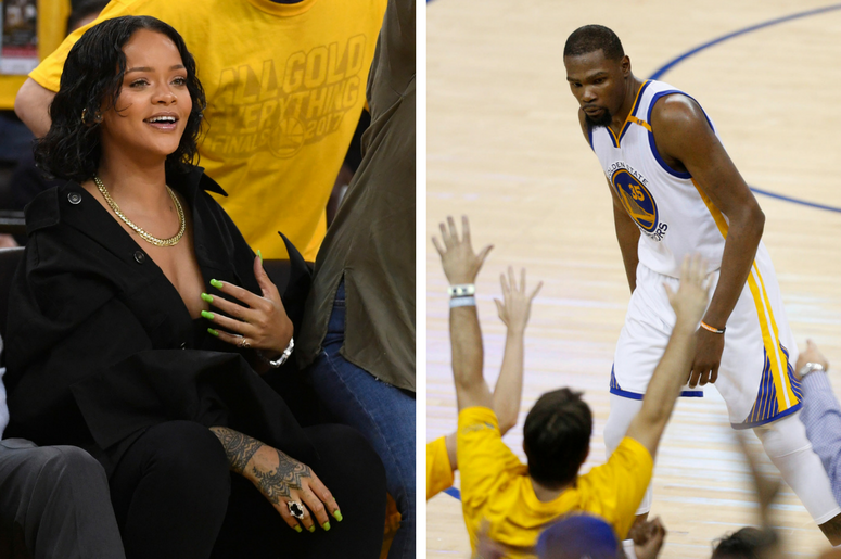 Rihanna and Kevin Durant during the 2017 NBA Finals between the Golden State Warriors and the Cleveland Cavaliers. Rihanna and Kevin Durant during the 2017 NBA Finals between the Golden State Warriors and the Cleveland Cavaliers at Oracle Arena in Oakland, California.