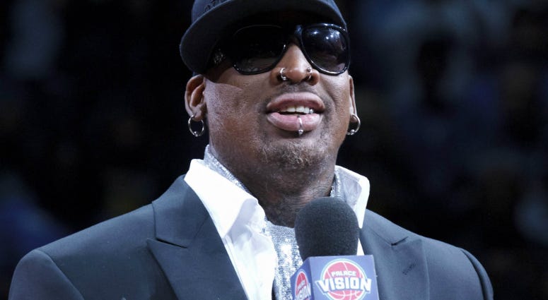 Dennis Rodman during a ceremony retiring his jersey during an NBA game between the Detroit Pistons and the Chicago Bulls at The Palace. Dennis Rodman during a ceremony retiring his jersey during an NBA game between the Detroit Pistons and the Chicago Bulls at The Palace.