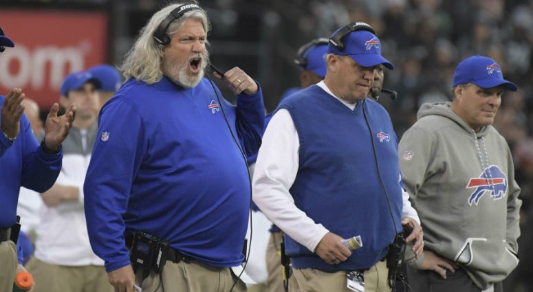 Former NFL coaches Rex Ryan and brother Rob Ryan during a Buffalo Bills vs. Oakland Raiders game. Former Buffalo Bills defensive coordinator Rob Ryan (left) and brother/head coach Rex Ryan react in the fourth quarter against the Oakland Raiders during a NFL football game at Oakland Coliseum.