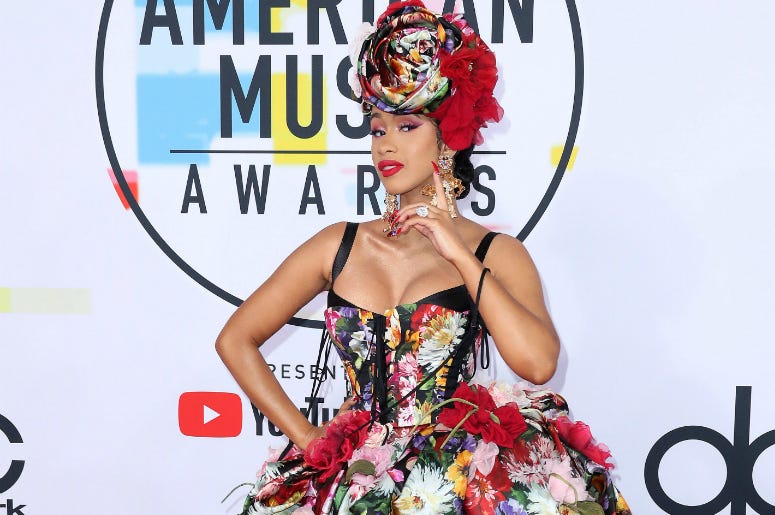 Cardi B at the 2018 American Music Awards at the Microsoft Theatre on October 9, 2018 in Los Angeles, California. Cardi B at the 2018 American Music Awards at the Microsoft Theatre on October 9, 2018 in Los Angeles, California.