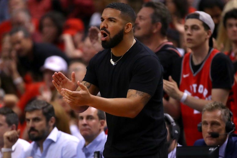Drake reacts in the first half during Game Five of the 2019 NBA Finals Drake reacts in the first half during Game Five of the 2019 NBA Finals