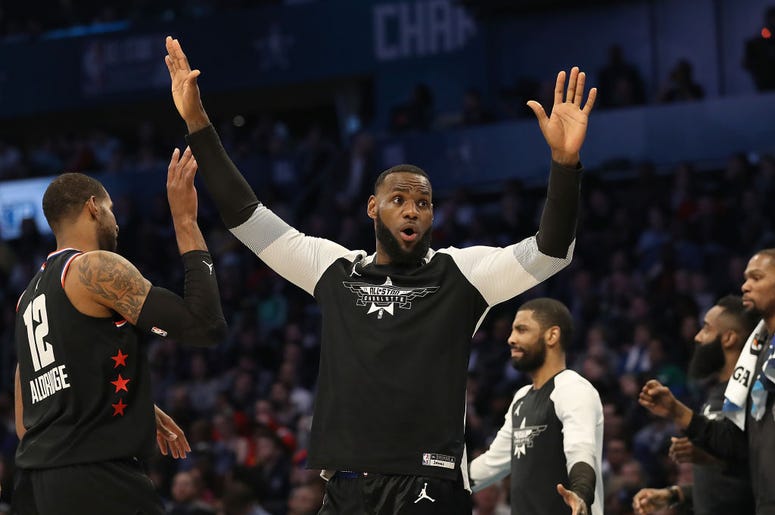 LeBron James #23 of the LA Lakers and Team LeBron reacts as they take on Team Giannis in the fourth quarter during the NBA All-Star game as part of the 2019 NBA All-Star Weekend at Spectrum Center on February 17, 2019 in Charlotte, North Carolina LeBron James #23 of the LA Lakers and Team LeBron reacts as they take on Team Giannis in the fourth quarter during the NBA All-Star game as part of the 2019 NBA All-Star Weekend at Spectrum Center on February 17, 2019 in Charlotte, North Carolina