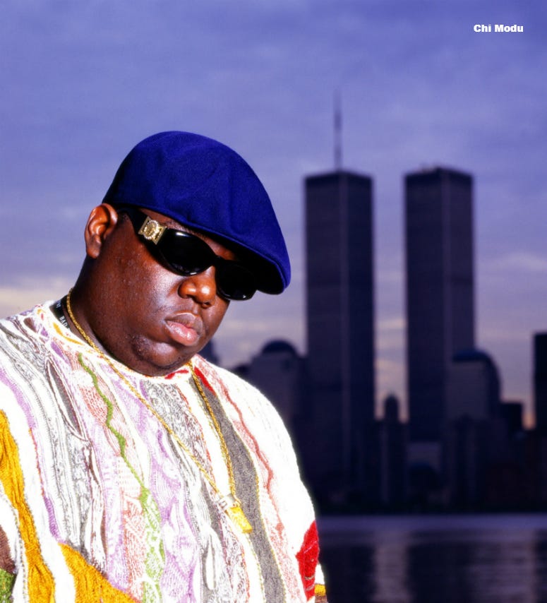 Notrious B.I.G., Jersey City, NJ (1996) Notorious BIG standing in front of the former World Trade Center buildings in NYC - This photo is from the Defining Years of Hip-Hop 1990-2000. (Photo by Chi Modu/diverseimages)