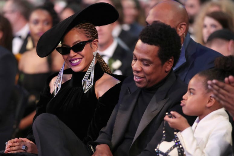 Beyoncé & JAY-Z Recording artist Beyonce, Jay Z and daughter Blue Ivy Carter attend the 60th Annual GRAMMY Awards at Madison Square Garden on January 28, 2018 in New York City.