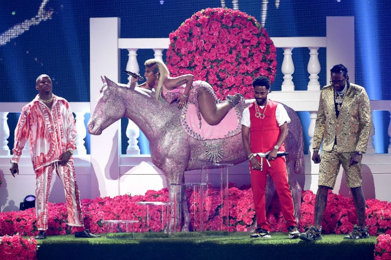 LOS ANGELES - JUNE 24: YG, Nicki Minaj, Big Sean, and 2 Chainz performs on the 2018 BET Awards at the Microsoft Theater on June 24, 2018 in Los Angeles, California. LOS ANGELES - JUNE 24: YG, Nicki Minaj, Big Sean, and 2 Chainz performs on the 2018 BET Awards at the Microsoft Theater on June 24, 2018 in Los Angeles, California.
