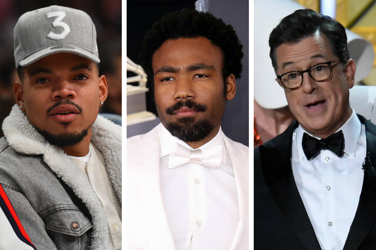Chance The Rapper | Childish Gambino | Stephen Colbert February 18, 2018; Los Angeles, CA, USA; Chance The Rapper at the 2018 NBA All Star Game at Staples Center. Gambino (Donald Glover) at the 60th Annual Grammy Awards at Madison Square Garden. Stephen Colbert performs at the 69th Emmy Awards at Microsoft Th