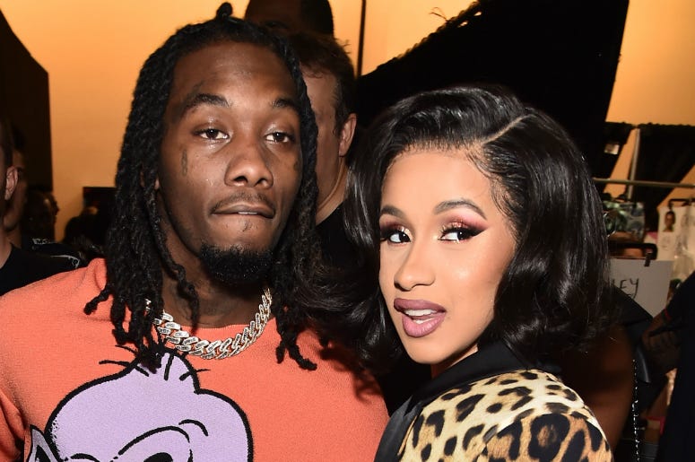 Offset & Cardi B Offset and Cardi B pose backstage at the Jeremy Scott show during New York Fashion Week: The Shows at Gallery I at Spring Studios on September 6, 2018 in New York City.