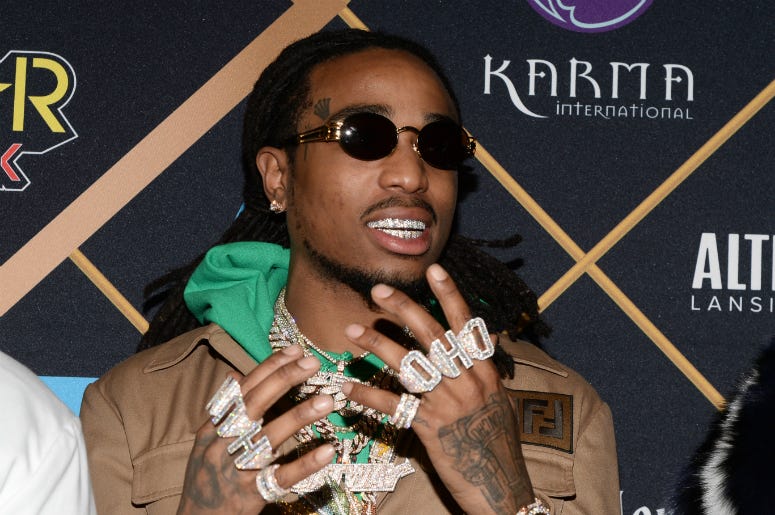 Quavo Quavo of Migos walking on the red carpet at the The 2018 MAXIM Party held at Schaffer-Richardson Building on February 3, 2018 in Minneapolis, Minnesota.