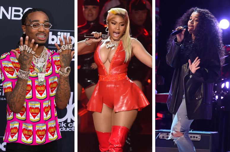 Quavo | Nicki Minaj | Ella Mai LOS ANGELES - JUNE 24: Ella Mai performs on the 2018 BET Awards at the Microsoft Theater on June 24, 2018 / Nicki Minaj performs on the 2018 BET Awards / Quavo walking on the red carpet at the 2018 Billboard Music Awards held at The MGM Grand Garden Arena