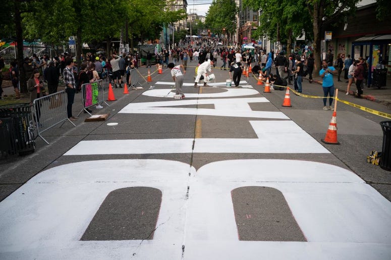 Black Lives Matter painted on Pine Street in Seattle