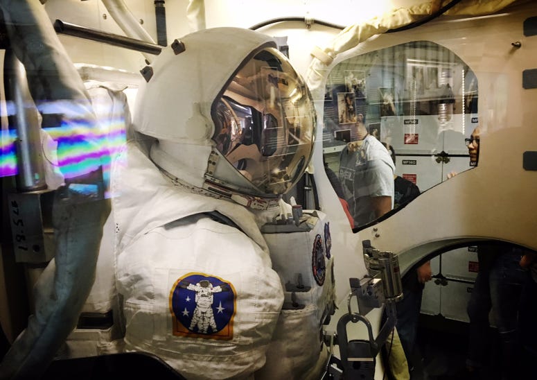 This space suit is in the airlock aboard the replica shuttle Independence This space suit is in the airlock aboard the replica shuttle Independence