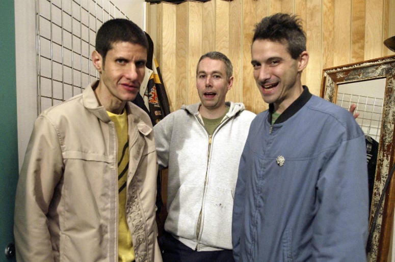 Rappers Michael Diamond 'Mike D', Adam Yauch 'MCA', and Adam Horovitz 'Ad-Rock' of the Beastie Boys pose in the dressing room before taping MTV's Direct Effect April 26, 2004 Rappers Michael Diamond 'Mike D', Adam Yauch 'MCA', and Adam Horovitz 'Ad-Rock' of the Beastie Boys pose in the dressing room before taping MTV's Direct Effect April 26, 2004