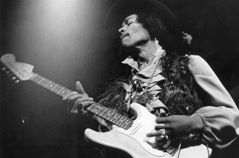 Jimi Hendrix performs on his Fender Stratocaster electric guitar at the Fillmore East in New York. Jimi Hendrix performs on his Fender Stratocaster electric guitar at the Fillmore East in New York.