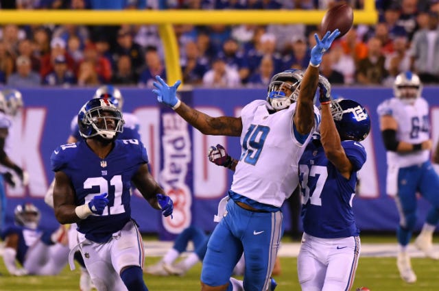 New York Giants cornerback Ross Cockrell (37) defends against Detroit Lions wide receiver Kenny Golladay (19) on an incomplete pass in the first half during a NFL football game at MetLife Stadium. New York Giants cornerback Ross Cockrell (37) defends against Detroit Lions wide receiver Kenny Golladay (19) on an incomplete pass in the first half during a NFL football game at MetLife Stadium.