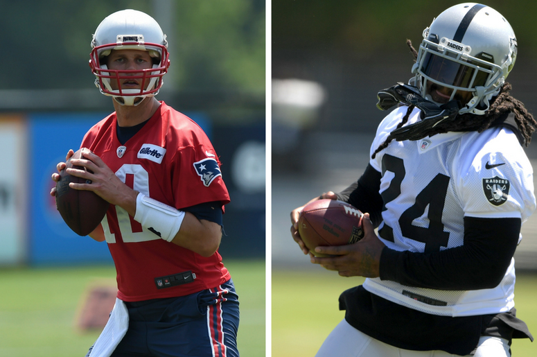 Tom Brady sets to throw a pass during minicamp at Gillette Stadium practice field / Marshawn Lynch (24) carries the ball during training camp at the Napa Valley Marriott. Tom Brady sets to throw a pass during minicamp at Gillette Stadium practice field / Marshawn Lynch (24) carries the ball during training camp at the Napa Valley Marriott.