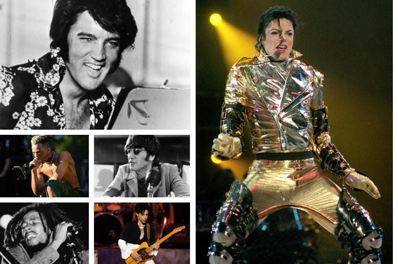 Elvis Presley, Michael Jackson, Prince, Bob Marley, XXXTentacion, John Lennon Elvis Presley, Michael Jackson, Prince, Bob Marley, XXXTentacion, John Lennon