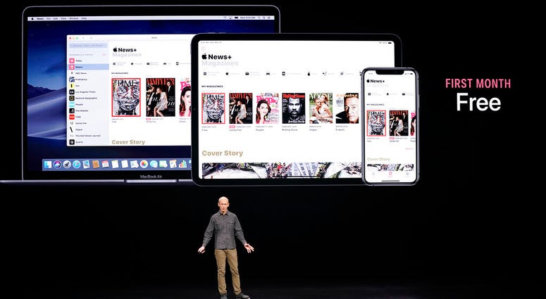 Roger Rosner, Apple vice president of applications, speaks at the Steve Jobs Theater during an event to announce new products Monday, March 25, 2019, in Cupertino, Calif. (AP Photo/Tony Avelar)