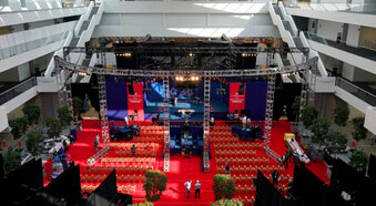 Preparations take place for the first Presidential debate in the Sheila and Eric Samson Pavilion, Monday, Sept. 28, 2020, in Cleveland. (AP Photo/Patrick Semansky) Preparations take place for the first Presidential debate in the Sheila and Eric Samson Pavilion, Monday, Sept. 28, 2020, in Cleveland. (AP Photo/Patrick Semansky)