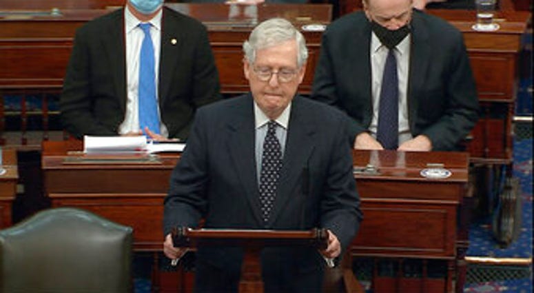 In this image from video, Senate Majority Leader Mitch McConnell of Ky., speaks as the Senate reconvenes after protesters stormed into the U.S. Capitol on Wednesday, Jan. 6, 2021. (Senate Television via AP) In this image from video, Senate Majority Leader Mitch McConnell of Ky., speaks as the Senate reconvenes after protesters stormed into the U.S. Capitol on Wednesday, Jan. 6, 2021. (Senate Television via AP)