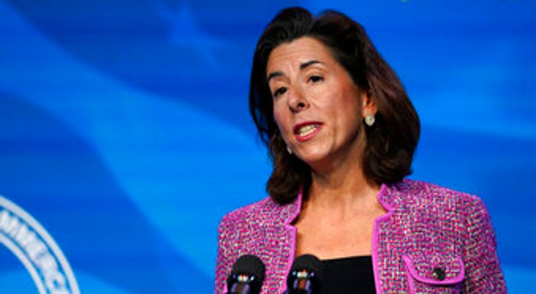 FILE - In this Jan. 8, 2021, file photo President-elect Joe Biden's nominee for Secretary of Commerce, Rhode Island Gov. Gina Raimondo speaks during an event at The Queen theater in Wilmington, Del. (AP Photo/Susan Walsh, File) FILE - In this Jan. 8, 2021, file photo President-elect Joe Biden's nominee for Secretary of Commerce, Rhode Island Gov. Gina Raimondo speaks during an event at The Queen theater in Wilmington, Del. (AP Photo/Susan Walsh, File)