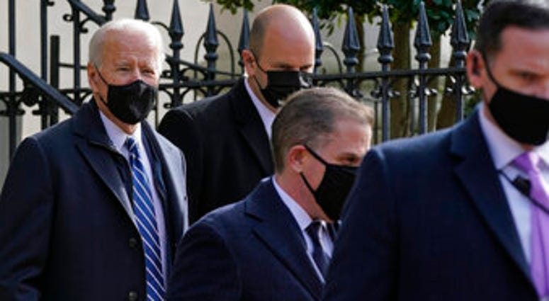 President Joe Biden departs after attending mass at Holy Trinity Catholic Church, Sunday, Jan. 24, 2021, in the Georgetown neighborhood of Washington. (AP Photo/Patrick Semansky) President Joe Biden departs after attending mass at Holy Trinity Catholic Church, Sunday, Jan. 24, 2021, in the Georgetown neighborhood of Washington. (AP Photo/Patrick Semansky)