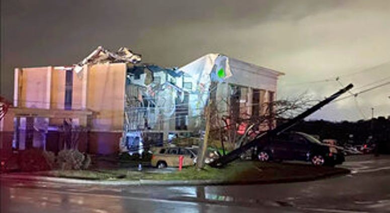 A Hampton Inn hotel is severely damaged after a tornado tore through Fultondale, Ala., on Monday, Jan. 25, 2021. (Alicia Elliott via AP) A Hampton Inn hotel is severely damaged after a tornado tore through Fultondale, Ala., on Monday, Jan. 25, 2021. (Alicia Elliott via AP)