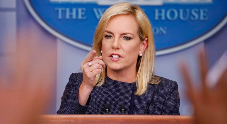 In this June 18, 2018 photo, Homeland Security Secretary Kirstjen Nielsen speak to the media during the daily briefing in the Brady Press Briefing Room of the White House.(AP Photo/Pablo Martinez Monsivais) In this June 18, 2018 photo, Homeland Security Secretary Kirstjen Nielsen speak to the media during the daily briefing in the Brady Press Briefing Room of the White House.(AP Photo/Pablo Martinez Monsivais)
