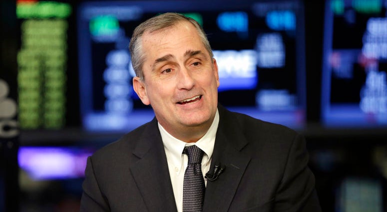 FILE- In this March 13, 2017, file photo, Intel CEO Brian Krzanich is interviewed on the floor of the New York Stock Exchange. Krzanich is resigning after the company learned of a consensual relationship that he had with an employee. Intel said Thursday,