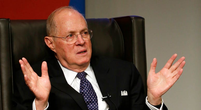 FILE - In this Oct. 3, 2013, file photo, Supreme Court Justice Anthony Kennedy speaks to faculty members at the University of Pennsylvania law school in Philadelphia. The 81-year-old Kennedy said Tuesday, June 27, 2018, that he is retiring after more than