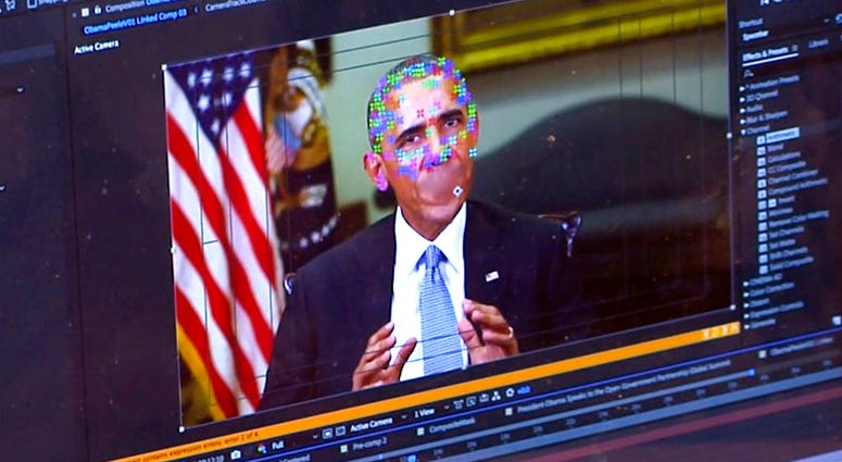 This image made from video of a fake video featuring former President Barack Obama shows elements of facial mapping used in new technology that lets anyone make videos of real people appearing to say things they've never said. There is rising concern that