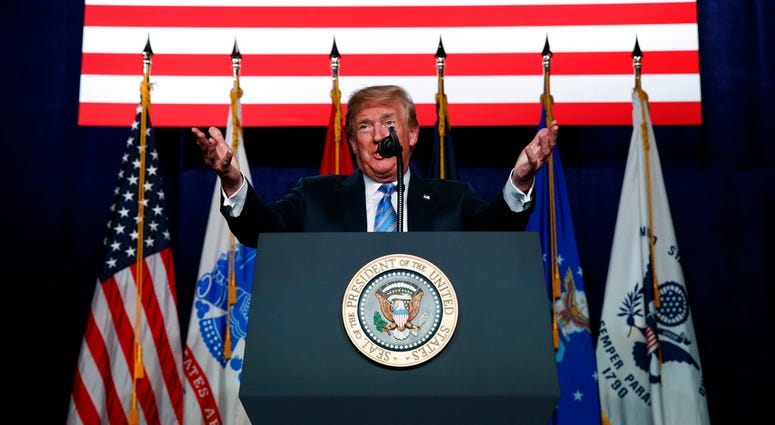 President Donald Trump speaks during a "Salute to Service" dinner, Tuesday, July 3, 2018, in White Sulphur Springs, W.Va. (AP Photo/Evan Vucci) President Donald Trump speaks during a "Salute to Service" dinner, Tuesday, July 3, 2018, in White Sulphur Springs, W.Va. (AP Photo/Evan Vucci)