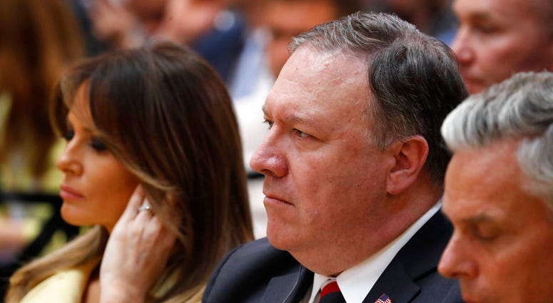 U.S. Secretary of State Mike Pompeo listens to a press conference after the meeting of U.S. President Donald Trump and Russian President Vladimir Putin in Helsinki, Finland, Monday, July 16, 2018. (AP Photo/Pablo Martinez Monsivais)