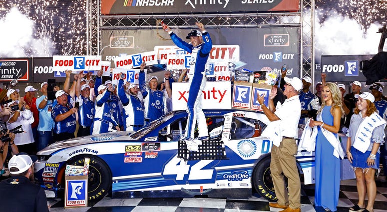 yle Larson celebrates after winning the NASCAR Xfinity Series auto race Friday, Aug. 17, 2018, in Bristol, Tenn. (AP Photo/Wade Payne)