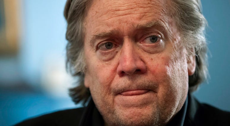 In this Sunday, Aug. 19, 2018, file photo, Steve Bannon, President Donald Trump's former chief strategist, talks during an interview with The Associated Press, in Washington.