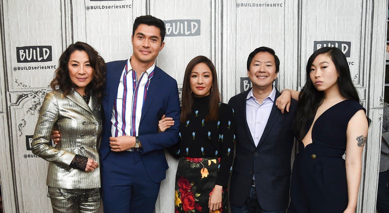 In this Aug. 14, 2018, file photo, Actors Michelle Yeoh, from left, Henry Golding, Constance Wu, Ken Jeong and Awkwafina participate in the BUILD Speaker Series to discuss the film "Crazy Rich Asians" at AOL Studios in New York