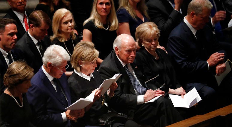 From left, former first lady Laura Bush, former President Bill Clinton, former Secretary of State Hillary Clinton, former vice president Dick Cheney and his wife Lynne and former vice president Al Gore arrive at a memorial service for Sen. John McCain