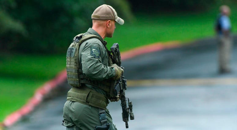 Authorities respond to a shooting in Harford County, Md., Thursday, Sept. 20, 2018. (Jerry Jackson /The Baltimore Sun via AP)