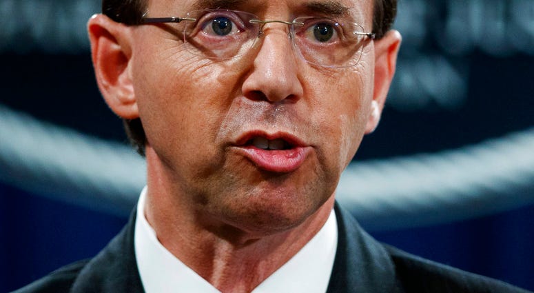 In this July 13, 2018 file photo, Deputy Attorney General Rod Rosenstein speaks during a news conference at the Department of Justice in Washington. Rosenstein is expecting to be fired, heading to White House Monday morning.